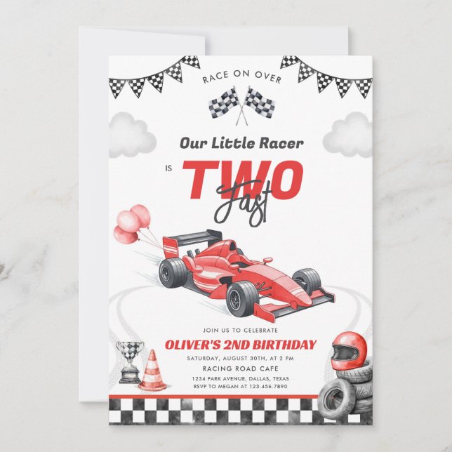 Two Fast Race Car Boy 2nd Birthday Invitation Inbjudningar (Framsida)