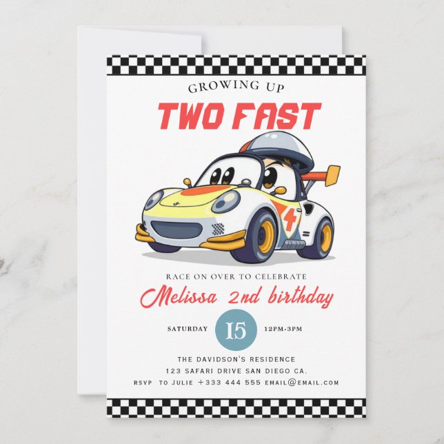 Two Fast Race Car Boy 2nd Birthday Party Inbjudningar (Framsida)