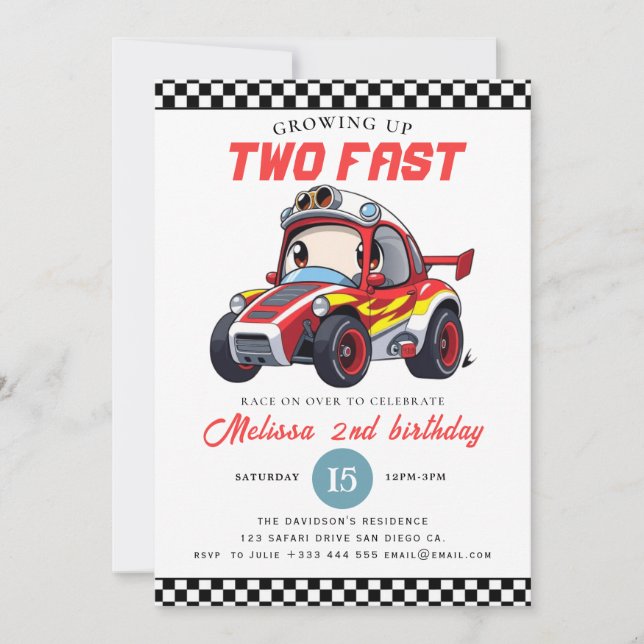 Two Fast Race Car Boy 2nd Birthday Party Inbjudningar (Framsida)