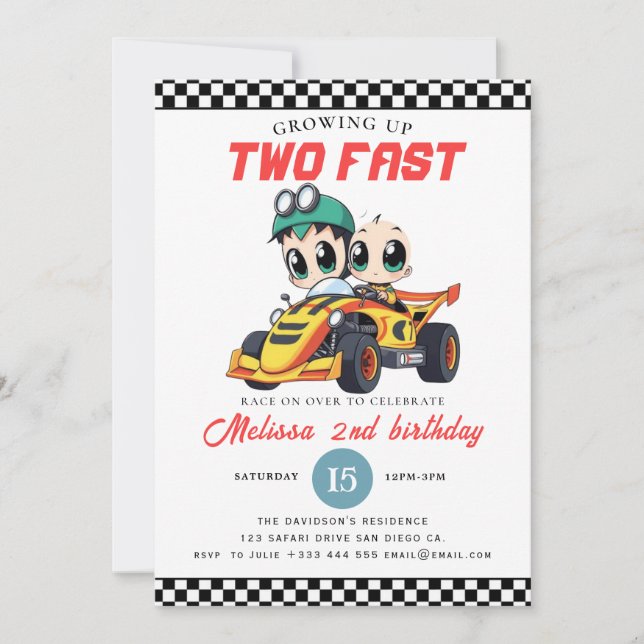 Two Fast Race Car Boy 2nd Birthday Party Inbjudningar (Framsida)