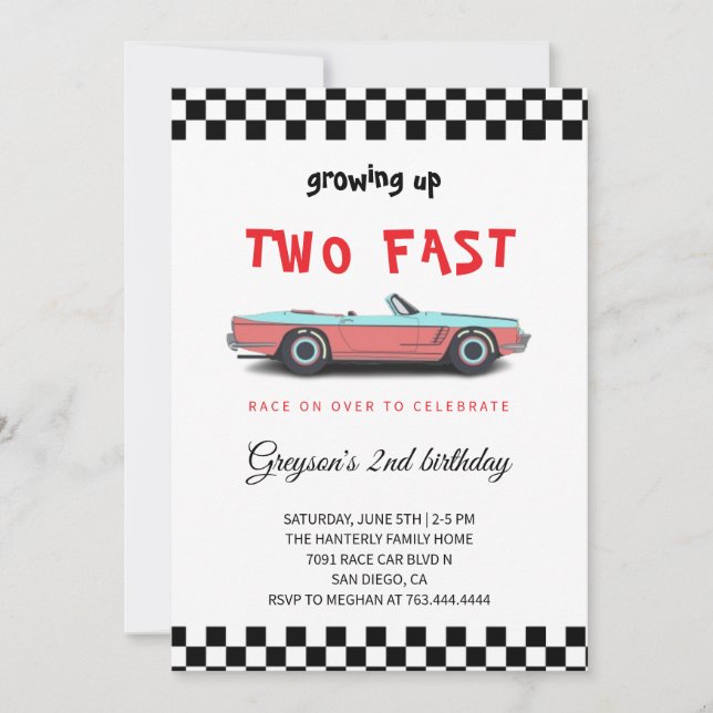 "Two Fast! Racingbil 2-års födelsedagsinbjudan" Inbjudningar (Framsida)