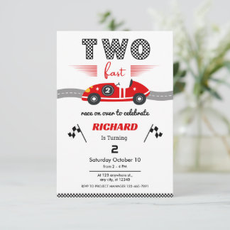 Two Fast Red Race Car 2nd Birthday °Race Inbjudningar