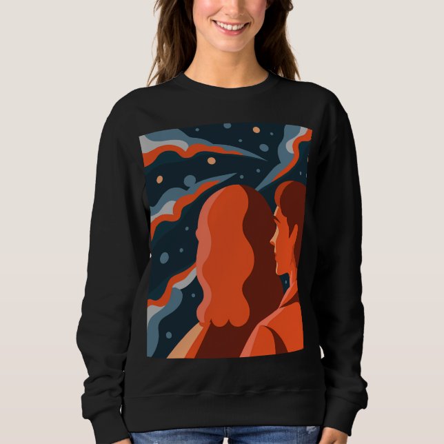 Two Figures Contemplating an Abstract Cosmic Scene T Shirt (Framsida)