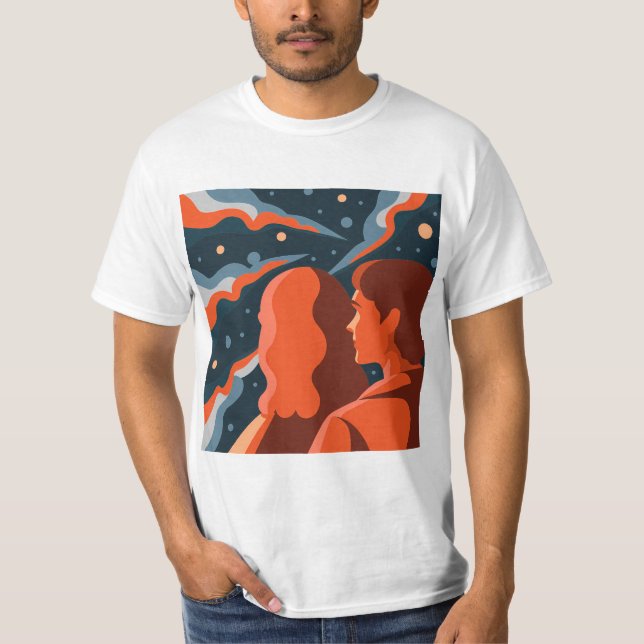 Two Figures Contemplating an Abstract Cosmic Scene T Shirt (Framsida)
