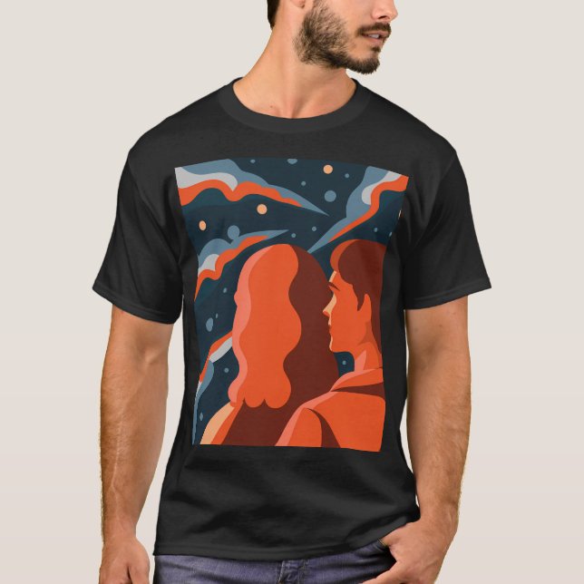Two Figures Contemplating an Abstract Cosmic Scene T Shirt (Framsida)