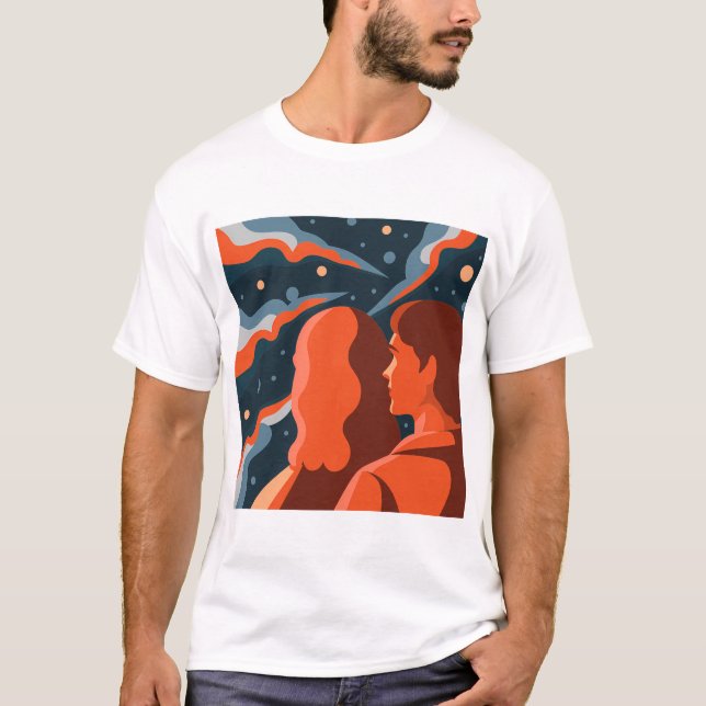 Two Figures Contemplating an Abstract Cosmic Scene T Shirt (Framsida)