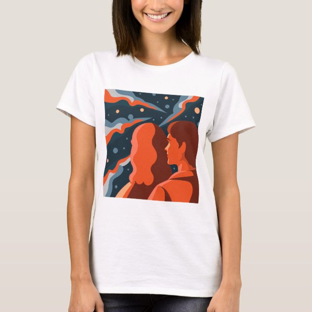 Two Figures Contemplating an Abstract Cosmic Scene T Shirt (Framsida)