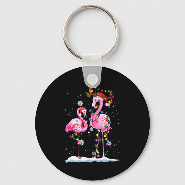 Two Flamingo With Santa Hat And Lights Merry Chris Nyckelring (Framsida)