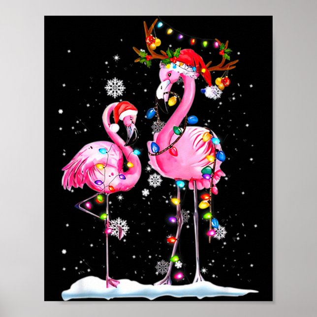 Two Flamingo With Santa Hat And Lights Merry Chris Poster (Framsidan)