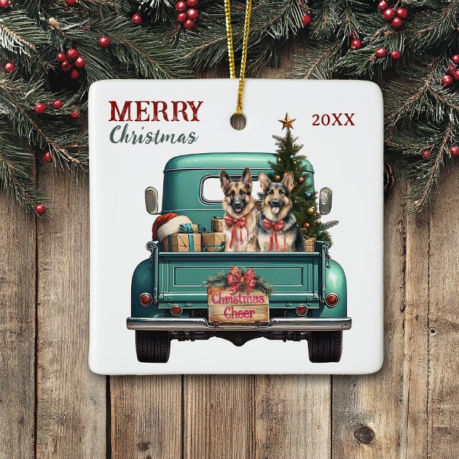 Two German Shepherd Dogs Retro Truck Christmas Julgransprydnad Keramik (Skapare uppladdad)