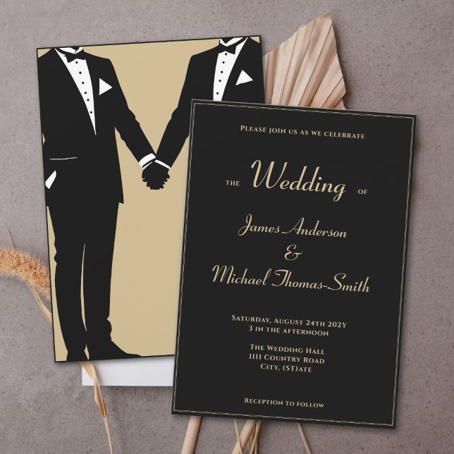 Two Grooms Elegant Black Gold Tuxedo Wedding Inbjudningar (Skapare uppladdad)