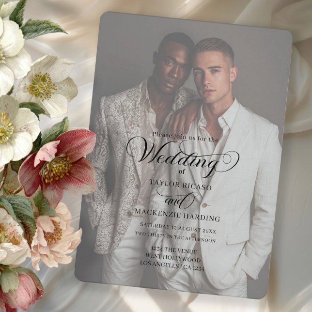 Two Grooms Wedding Photo Template Inbjudningar (Gay wedding two grooms invitation with elegant typography by Ricaso. Add photo and text)
