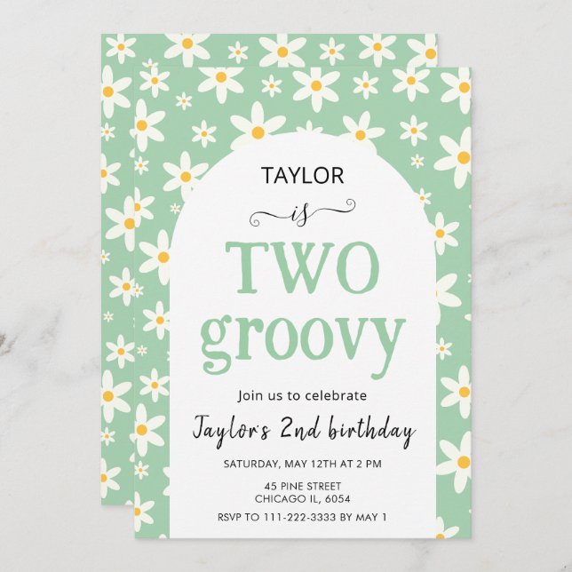 TWO groovy Mint Green Daisy 2nd Birthday Inbjudningar (Fram/baksida)