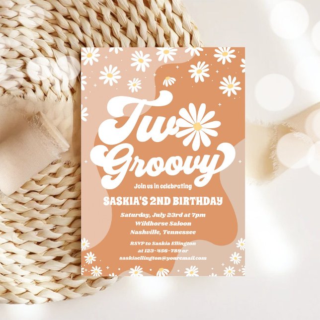 Two Groovy Retro Daisy 2nd Birthday Invitation Inbjudningar (Skapare uppladdad)