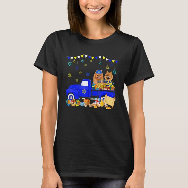 Two Hanukkah Pomeranians On Pickup Truck With Meno T Shirt (Framsida)