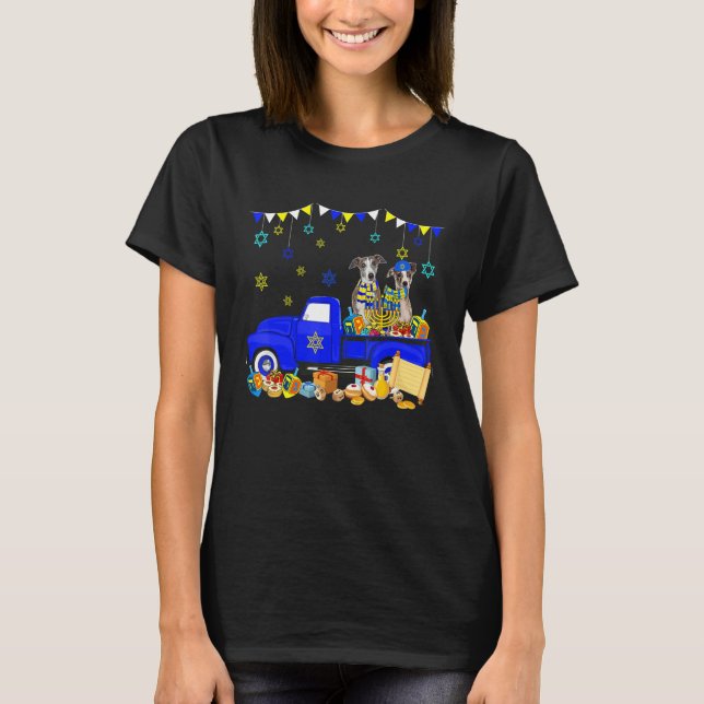 Two Hanukkah Whippets On Pickup Truck With Menorah T Shirt (Framsida)