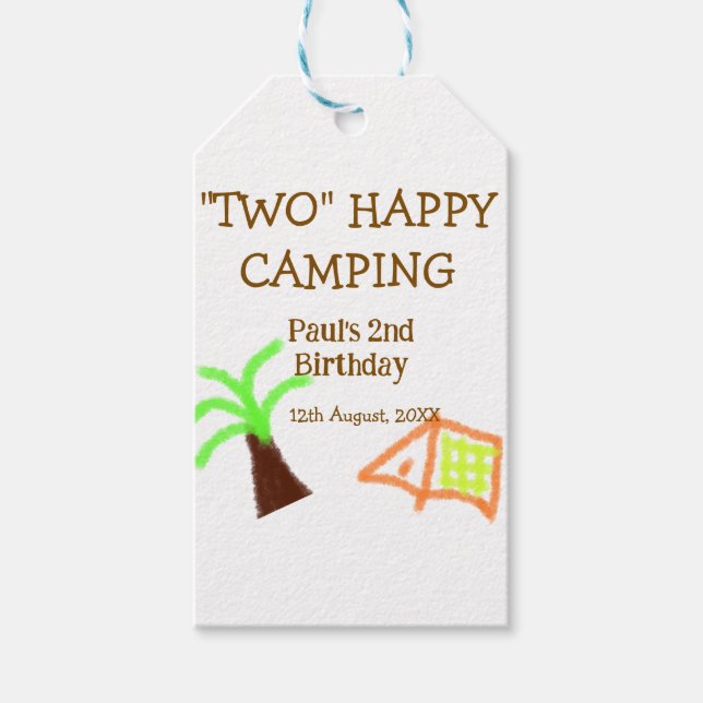 Two happy camping 2nd birthday tree camp kids presentetikett (Framsidan)