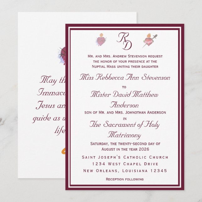 Two Hearts Burgundy Catholic Wedding Invitation Inbjudningar (Fram/baksida)