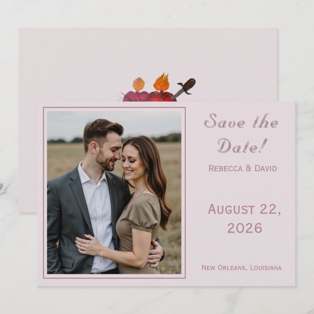 Two Hearts Catholic Flat Save The Date Card Spara Datumet (Fram/baksida)