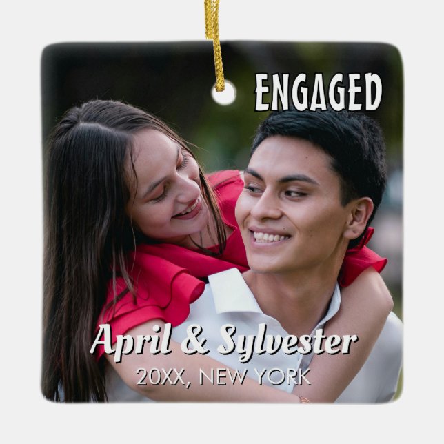 Two Hearts One Love Personalized Engagement Photo  Julgransprydnad Keramik (Framsida)