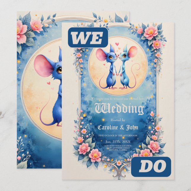 Two Hearts, One Love – Wedding Mice Inbjudningar (Fram/baksida)