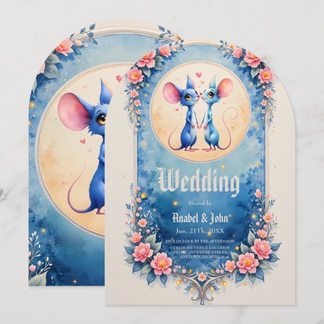 Two Hearts, One Love – Wedding Mice.  Inbjudningar (Fram/baksida)