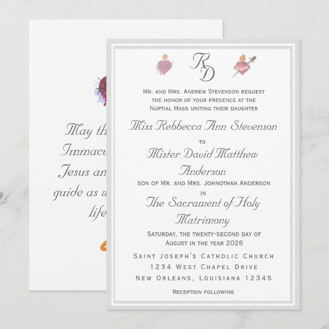 Two Hearts Silver Catholic Wedding Invitation Inbjudningar (Fram/baksida)