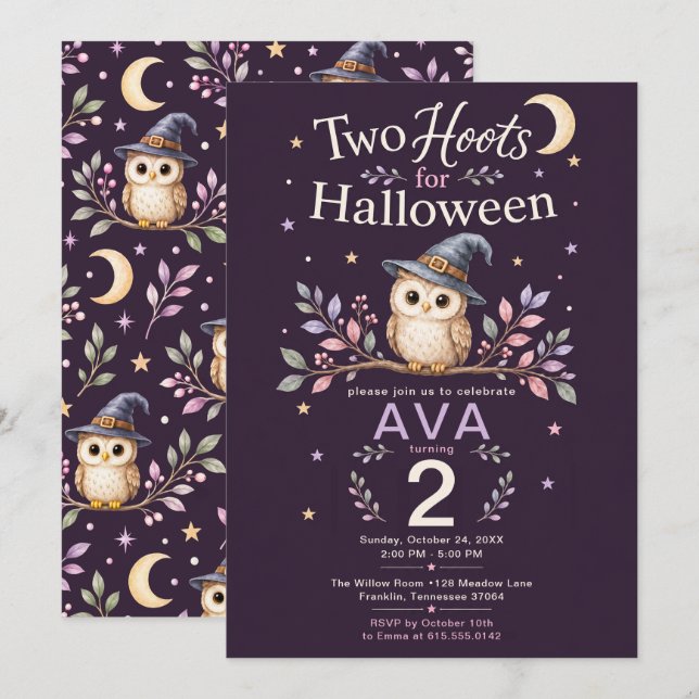 Two Hoots Halloween-Uggla 2-års födelsedag tjej Inbjudningar (Fram/baksida)