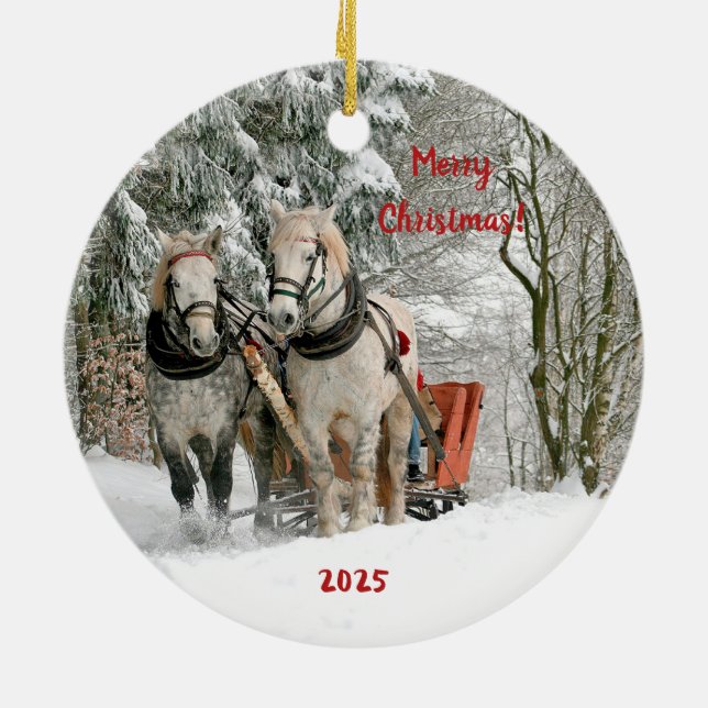 Two Horses and Sleigh in the Snow Ceramic Ornament (Baksidan)