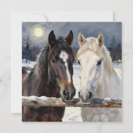 Two Horses on a Snowy Farm | Blank Kort