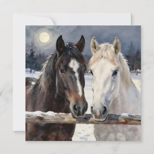 Two Horses on a Snowy Farm | Blank Kort (Framsida)