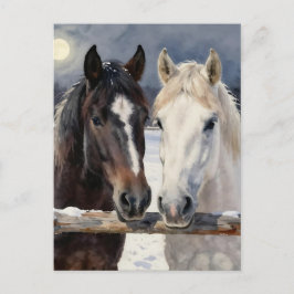 Two Horses on a Snowy Farm | Keeping in Touch Vykort