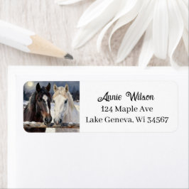 Two Horses on a Snowy Farm | Personalized Returadress Etikett