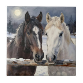 Two Horses on a Snowy Farm Under the Moon Kakelplatta
