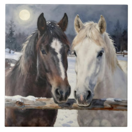 Two Horses on a Snowy Farm Under the Moon Kakelplatta