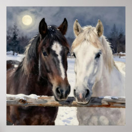 Two Horses on a Snowy Farm Under the Moon Poster