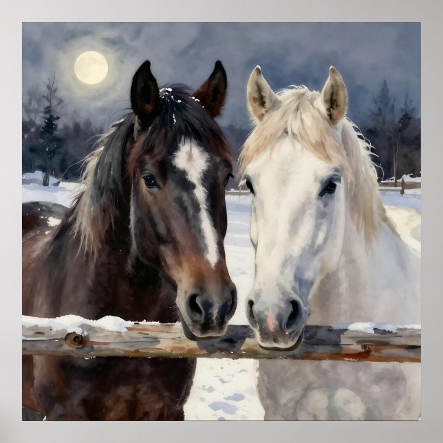 Two Horses on a Snowy Farm Under the Moon Poster (Framsidan)