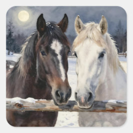 Two Horses on a Snowy Farm under the Moonlight  Fyrkantigt Klistermärke
