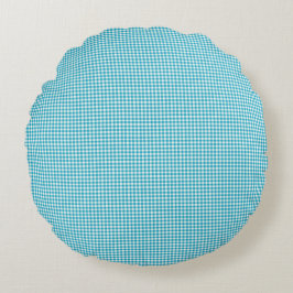 Two images of a round pillow with a blue checkered rund kudde