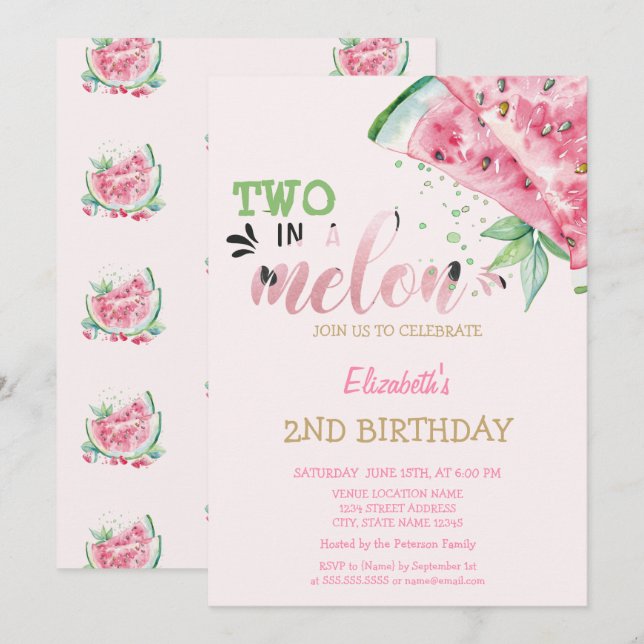 Two In A Melon Vattenmeloner Rosa 2-års Födelsedag Inbjudningar (Fram/baksida)