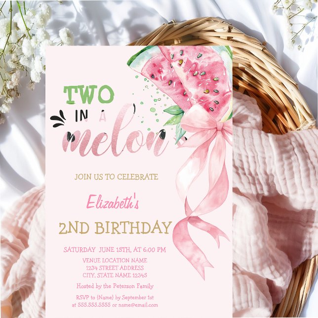 Two In A Melon Vattenmeloner Rosa Slöja 2-års Föde Inbjudningar (Skapare uppladdad)