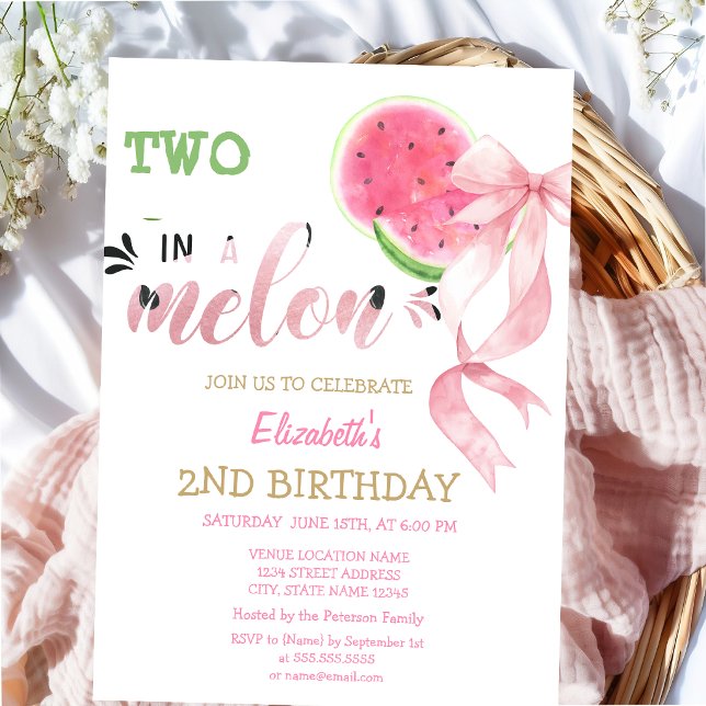 Two In A Melon Vattenmeloner Rosa Slöja 2-årsdag  Inbjudningar (Skapare uppladdad)