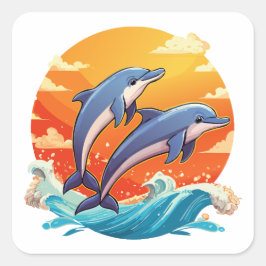 Two jumping cartoon dolphin fyrkantigt klistermärke
