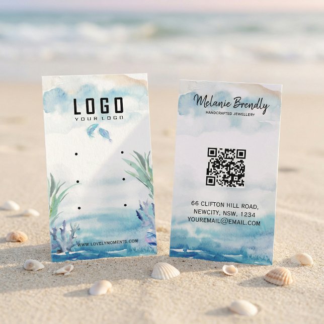 Two Less Fish in The Sea Summer Earring Display Visitkort (#WatercolorDesign
#JewelryBranding
#SmallBusinessBrand
#ElegantBusinessCard
#HandmadeBrand
#Minimal)
