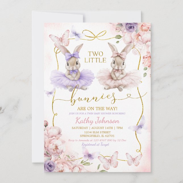 Two Little Bunnies Twins Floral Girl Baby Shower Inbjudningar (Framsida)