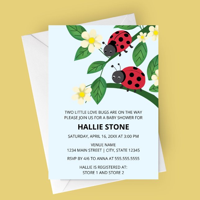 Two Little Love Bugs Ladybug Baby Shower Inbjudningar (Two Little Love Bugs Ladybug Baby Shower Invite | Floral Garden Twin Shower Invitation)