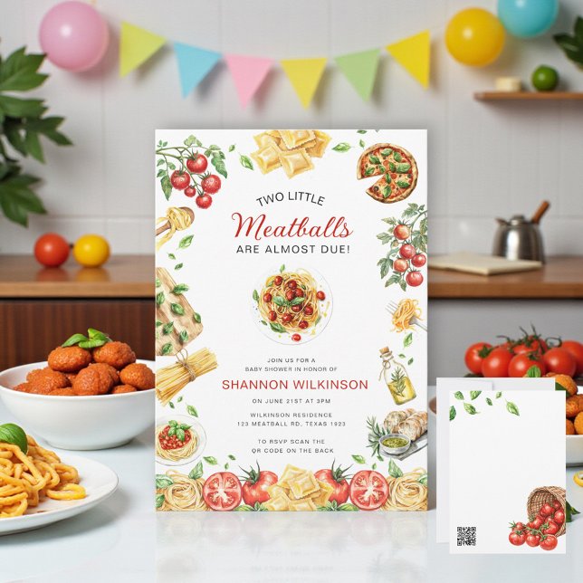 Two Little Meatballs Pasta Baby Shower QR code Inbjudningar (Skapare uppladdad)