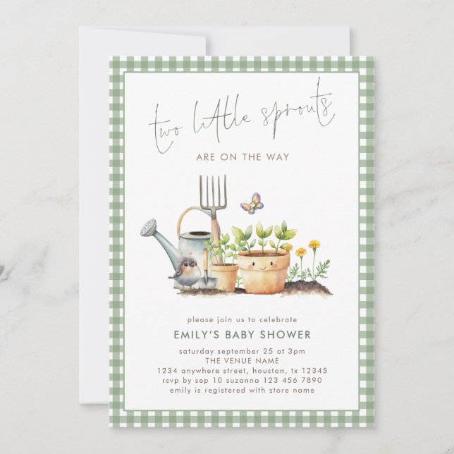 Two Little Sprouts Twins Sage Gingham Baby Shower  Inbjudningar (Framsida)