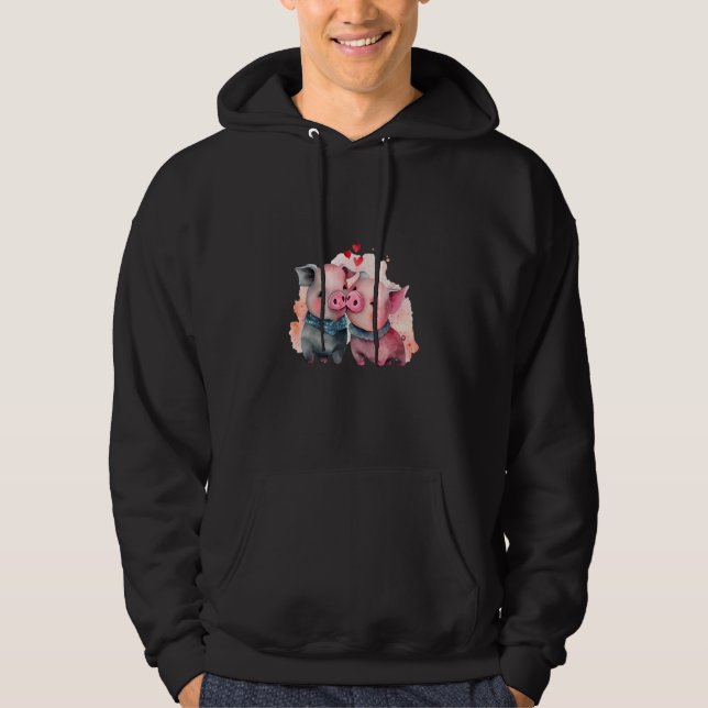 Two Loving Pigs In Love Heart Valentine's Day Pig Hoodie (Framsida)