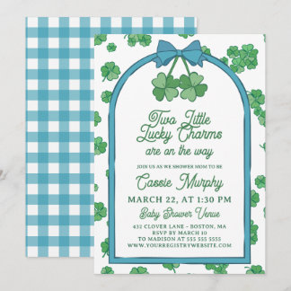 Two Lucky Charms Clovers Boy Twins Baby Shower Inbjudningar